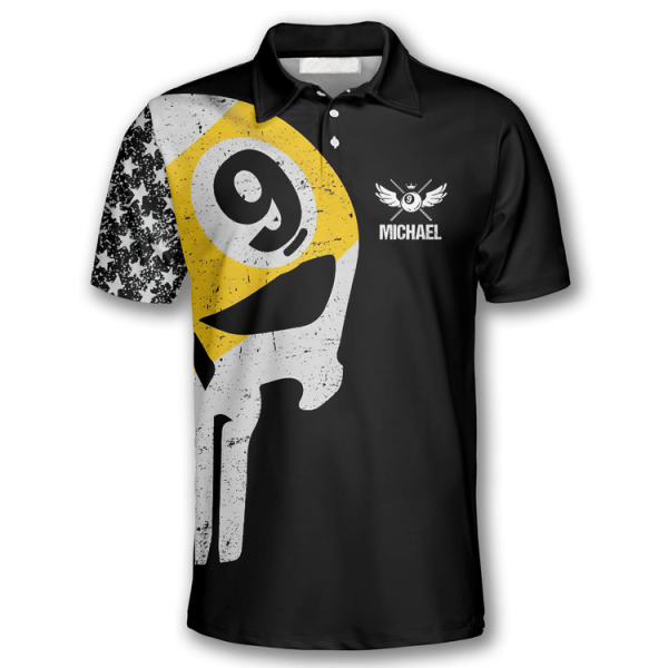 Billiard 9 Ball Skull American Flag Pattern Custom Billiard Polo Shirts for Men, Billiard Shirt Team