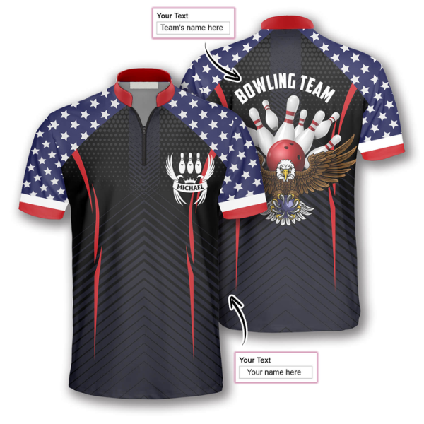 Patriotic Eagle American Flag Custom Bowling Jerseys for Men, Uniform Shirt for Bowling Team, Flag Shirt