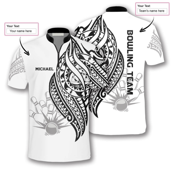 White Tribal Custom Bowling Jerseys for Men, Custom Name Team Bowling Shirt